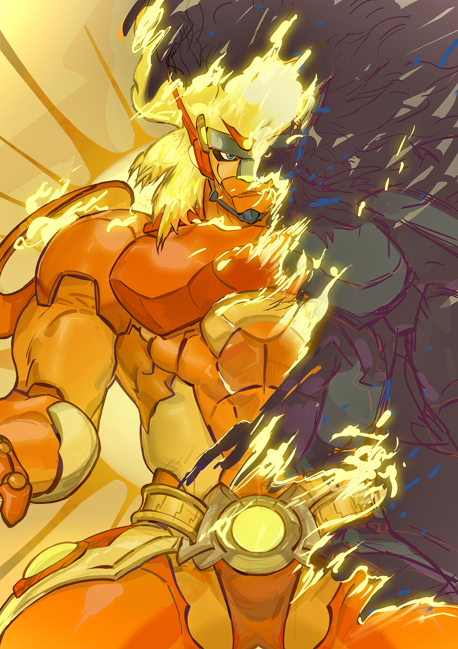 apollomon, apollomon whispered, digimon, blue eyes, digimon (creature), fire, muscular, muscular male, pixiv user (66735618), yellow eyes