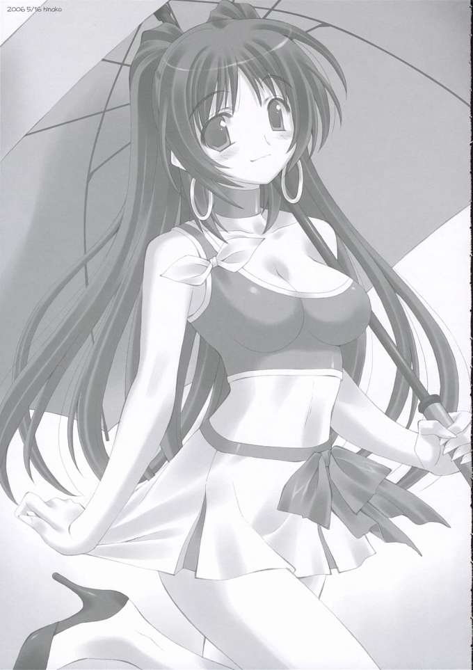 kousaka tamaki, to heart (series), to heart 2, 00s, 1girl, blush, breasts, choker, cleavage, earrings, female focus, greyscale, high heels, hoop earrings, jewelry, large breasts, looking at viewer, midriff, miniskirt, monochrome, pleated skirt, pulling own clothes, ribbon, shoes, skirt, smile, solo, twintails, umbrella