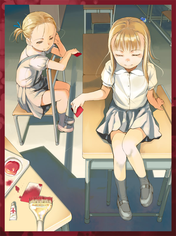 sody, 2girls, blonde hair, card, chair, child, classroom, closed eyes, desk, hair bobbles, hair ornament, holding, holding card, multiple girls, paint, paintbrush, school, school desk, school uniform, serafuku, short twintails, sitting, sitting backwards, skirt, smile, socks, suspenders, thighhighs, trim brush, twintails, white thighhighs, yellow eyes, zettai ryouiki