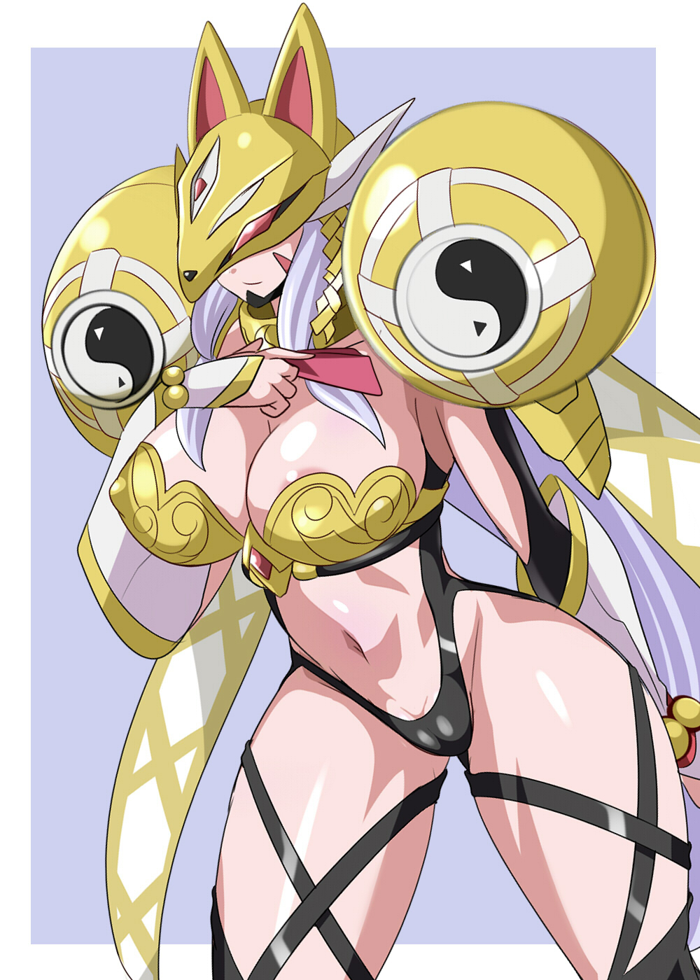 heigani, sakuyamon, sakuyamon x-antibody, digimon, armor, digimon (creature), fox mask, long hair, mask, yin yang