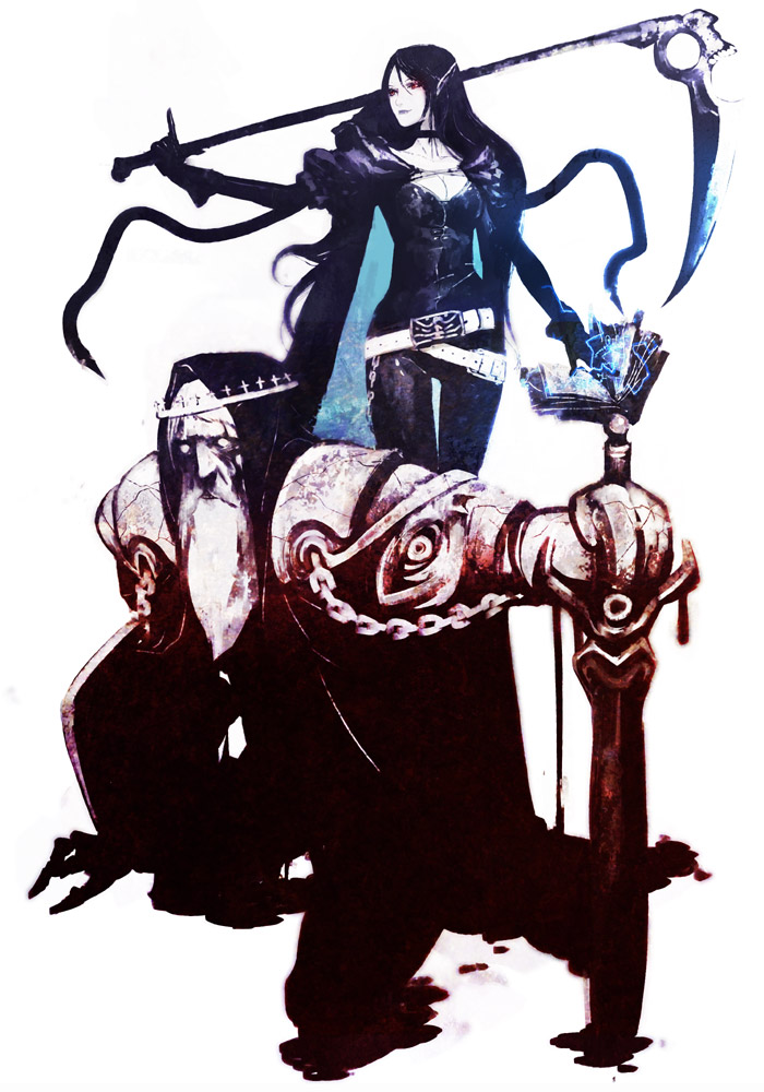huke, pixiv fantasia, pixiv fantasia 1, 1girl, book, fantasy, pointy ears, scythe, sword, weapon