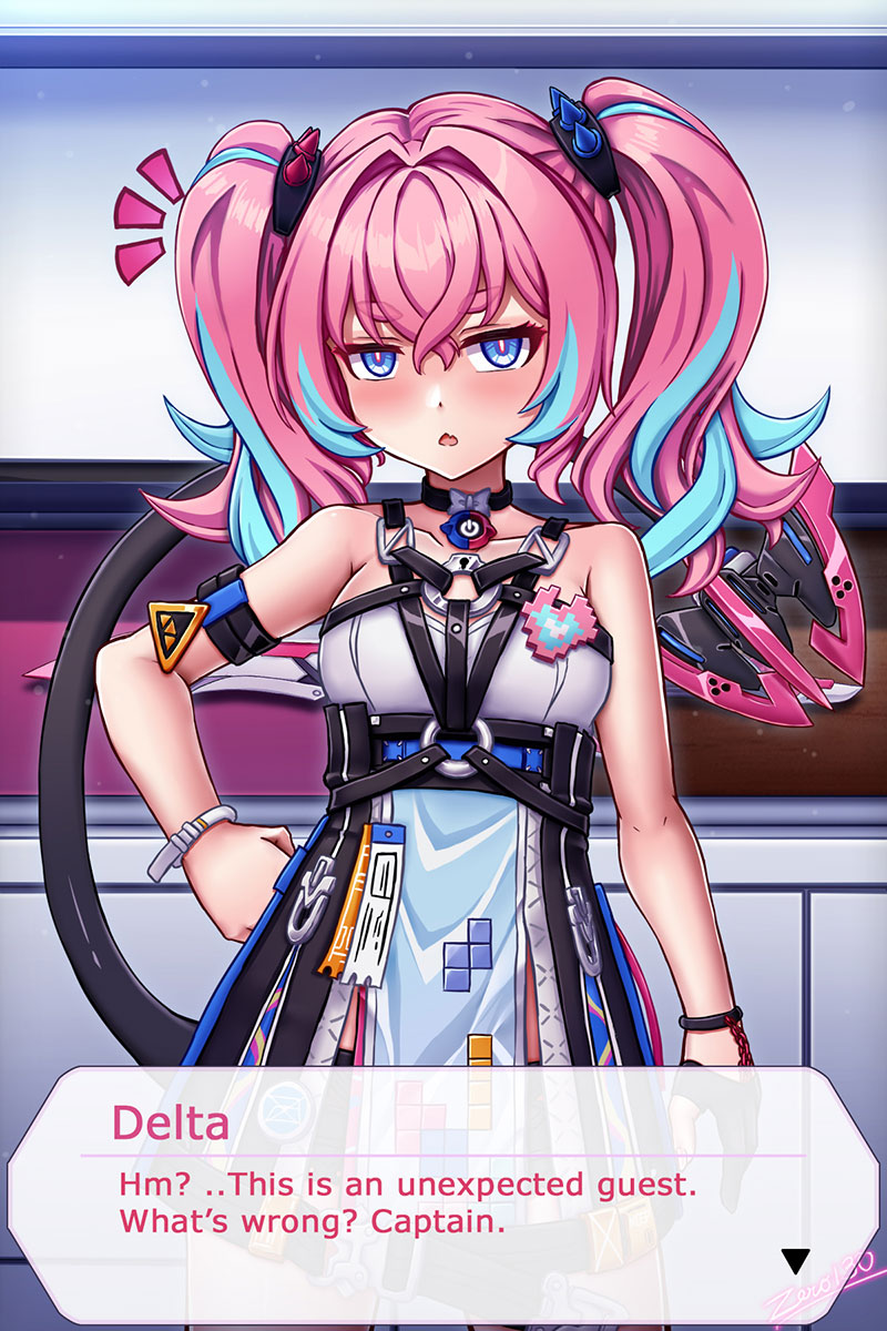 zero130rider, delta (honkai impact), rozaliya olenyeva, honkai (series), honkai impact 3rd, highres, 1girl, artist name, blue eyes, blue hair, dress, long hair, looking at viewer, multicolored hair, pink hair, solo, tail, twintails, two-tone hair
