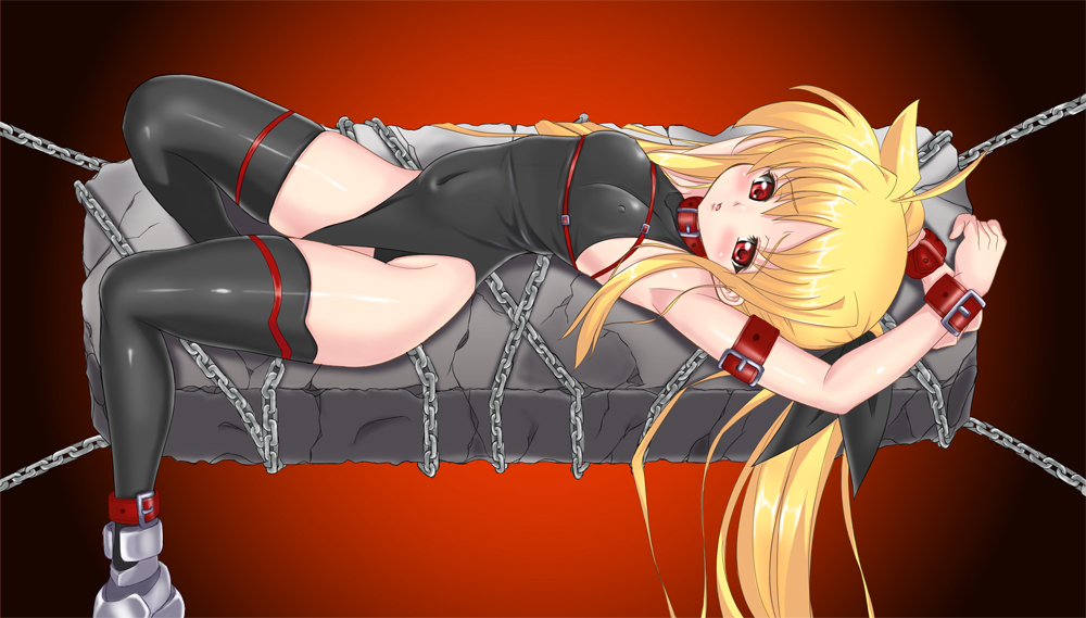 nagii, fate testarossa, lyrical nanoha, mahou shoujo lyrical nanoha, 00s, 1girl, :o, ahoge, ankle boots, armor, arms up, bdsm, blonde hair, blush, bondage, boots, bound, breasts, buckle, chain, collar, covered erect nipples, covered navel, crack, cuffs, female focus, from side, gradient background, greaves, groin, highleg, highleg leotard, leotard, loincloth, loli, long hair, looking at viewer, lying, on back, open mouth, parted bangs, red background, red eyes, rock, sidelocks, small breasts, solo, thighhighs, twintails, very long hair