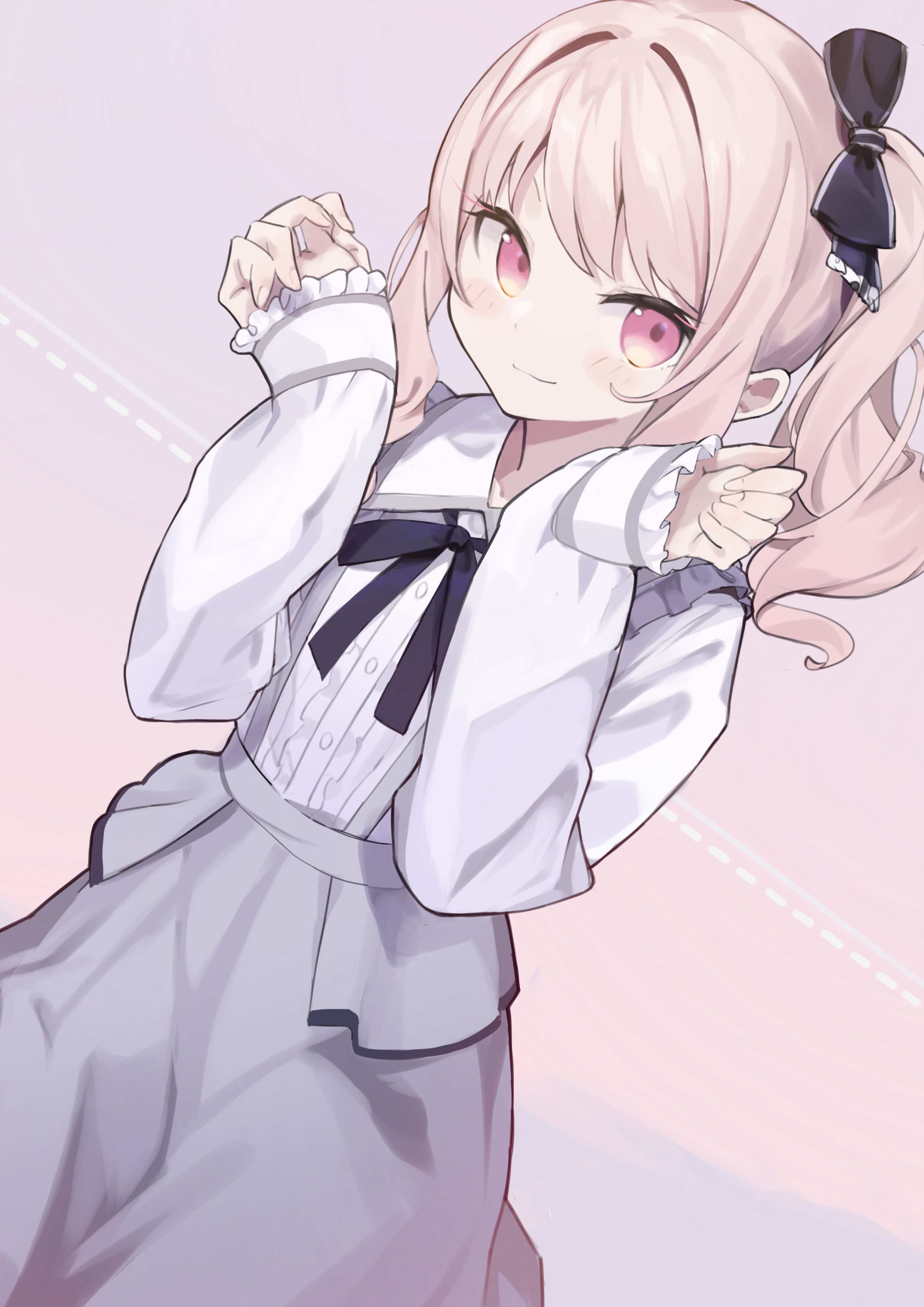 kii (kiiui), akiyama mizuki, project sekai, absurdres, commentary request, highres, making-of available, 1other, :3, black bow, black bowtie, blush, bow, bowtie, buttons, center frills, closed mouth, cowboy shot, drill hair, dutch angle, fingernails, frilled bow, frilled shirt collar, frilled sleeves, frills, gradient background, gradient eyes, grey background, grey skirt, grey trim, hair bow, hands up, long sleeves, looking at viewer, medium hair, medium skirt, multicolored eyes, official alternate costume, other focus, pink background, pink eyes, pink hair, puffy long sleeves, puffy sleeves, shirt, side drill, side ponytail, sidelocks, simple background, sitting, skirt, sleeves past wrists, solo, suspender skirt, suspenders, swept bangs, two-tone eyes, white shirt, yellow eyes