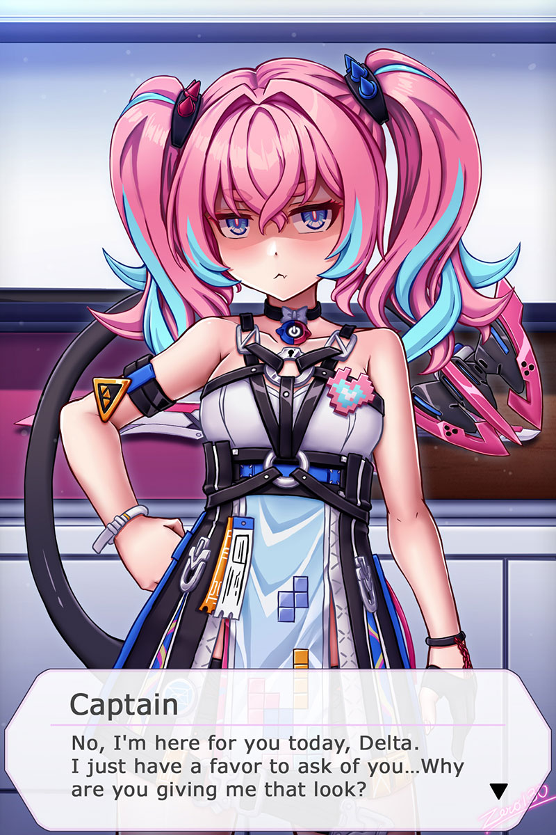 zero130rider, delta (honkai impact), rozaliya olenyeva, honkai (series), honkai impact 3rd, highres, 1girl, artist name, blue eyes, blue hair, dress, long hair, looking at viewer, multicolored hair, pink hair, solo, tail, twintails, two-tone hair