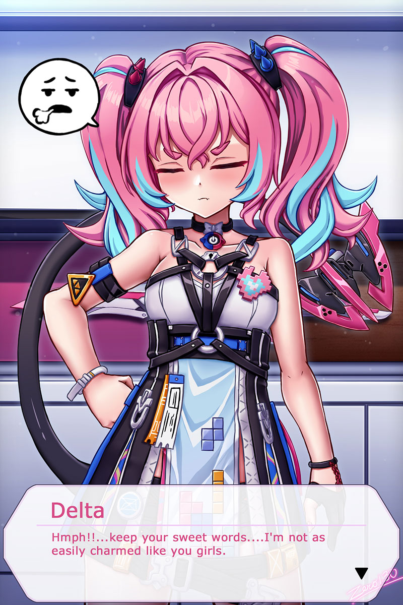zero130rider, delta (honkai impact), rozaliya olenyeva, honkai (series), honkai impact 3rd, highres, 1girl, artist name, blue eyes, blue hair, dress, long hair, looking at viewer, multicolored hair, pink hair, solo, tail, twintails, two-tone hair
