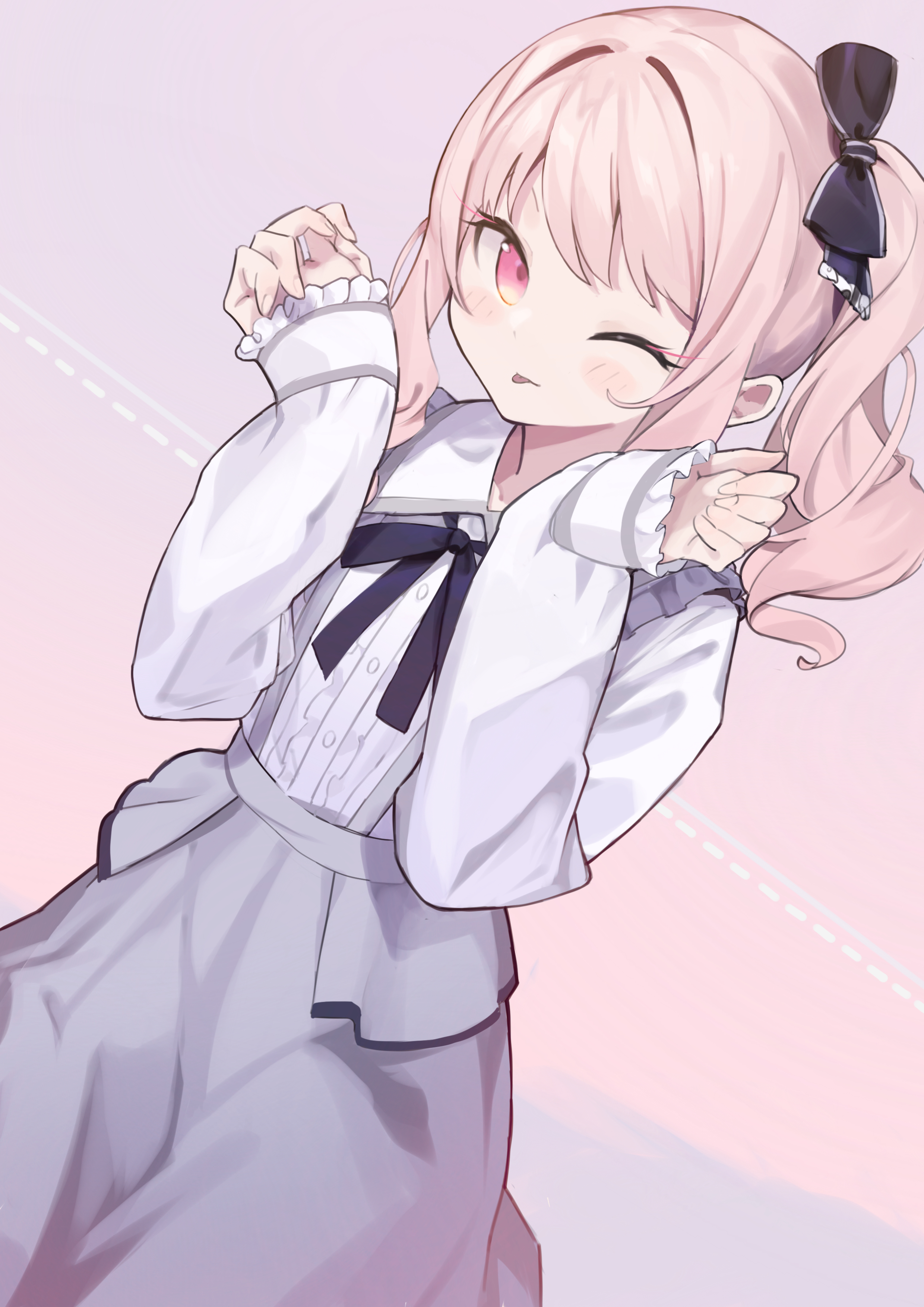 kii (kiiui), akiyama mizuki, project sekai, absurdres, commentary request, highres, making-of available, 1other, ;3, black bow, black bowtie, blush, bow, bowtie, buttons, center frills, closed mouth, cowboy shot, drill hair, dutch angle, fingernails, frilled bow, frilled shirt collar, frilled sleeves, frills, gradient background, gradient eyes, grey background, grey skirt, grey trim, hair bow, hands up, long sleeves, looking at viewer, medium hair, medium skirt, multicolored eyes, official alternate costume, one eye closed, other focus, pink background, pink eyes, pink hair, puffy long sleeves, puffy sleeves, shirt, side drill, side ponytail, sidelocks, simple background, sitting, skirt, sleeves past wrists, solo, suspender skirt, suspenders, swept bangs, tongue, tongue out, two-tone eyes, white shirt, yellow eyes