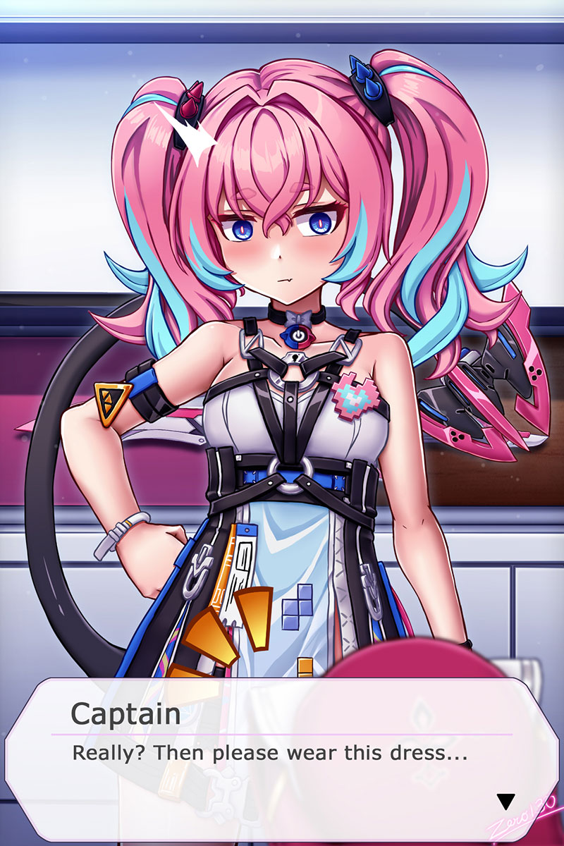 zero130rider, delta (honkai impact), rozaliya olenyeva, honkai (series), honkai impact 3rd, highres, 1girl, artist name, blue eyes, blue hair, dress, long hair, looking at viewer, multicolored hair, pink hair, solo, tail, twintails, two-tone hair