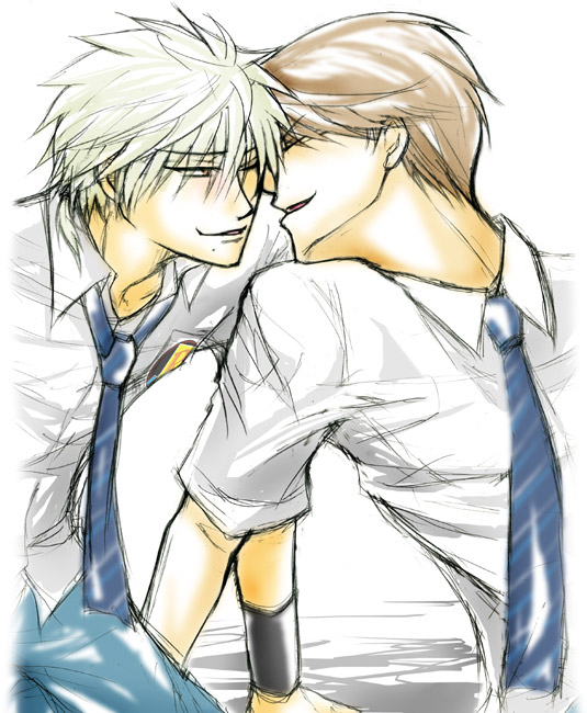 niou masaharu, yagyuu hiroshi, tennis no ouji-sama, silver hair, 2boys, :d, armlet, blue necktie, brown hair, collared shirt, dress shirt, jewelry, kiss, male focus, multiple boys, necktie, open mouth, shirt, short sleeves, simple background, smile, square-end necktie, upper body, white background, yaoi