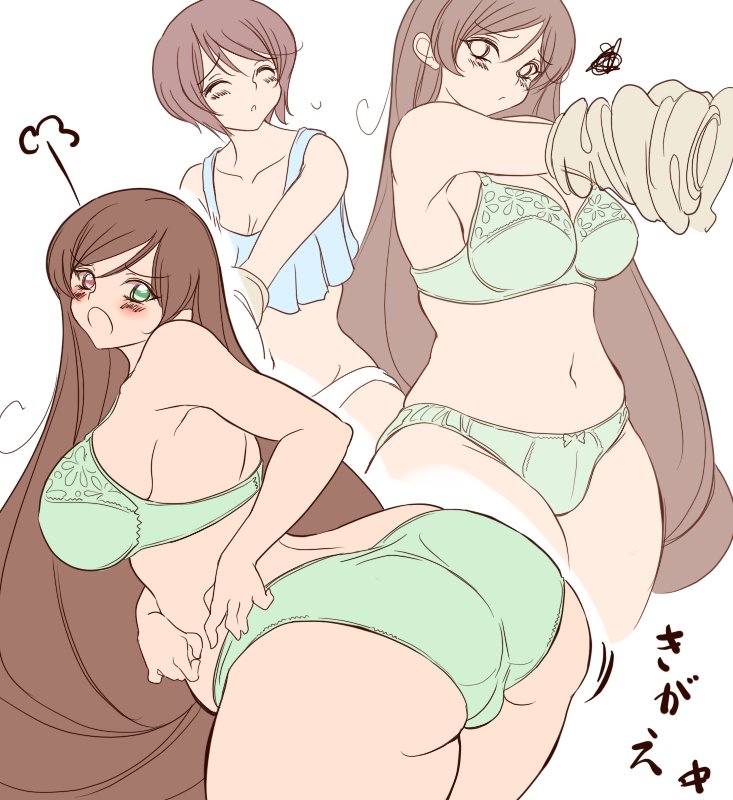 souseiseki, suiseiseki, rozen maiden, non-web source, 00s, 2girls, ass, bent over, blue panties, blush, bra, breasts, brown hair, closed eyes, curvy, green bra, green panties, heterochromia, huge ass, large breasts, lingerie, long hair, looking back, midriff, multiple girls, navel, panties, plump, short hair, siblings, sisters, standing, tank top, thick thighs, thighs, twins, underwear, underwear only