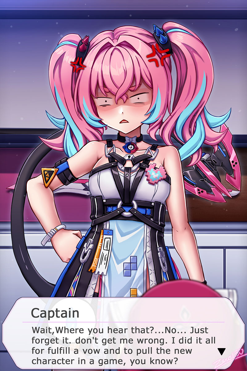 zero130rider, delta (honkai impact), rozaliya olenyeva, honkai (series), honkai impact 3rd, highres, 1girl, artist name, blue eyes, blue hair, dress, long hair, looking at viewer, multicolored hair, pink hair, solo, tail, twintails, two-tone hair