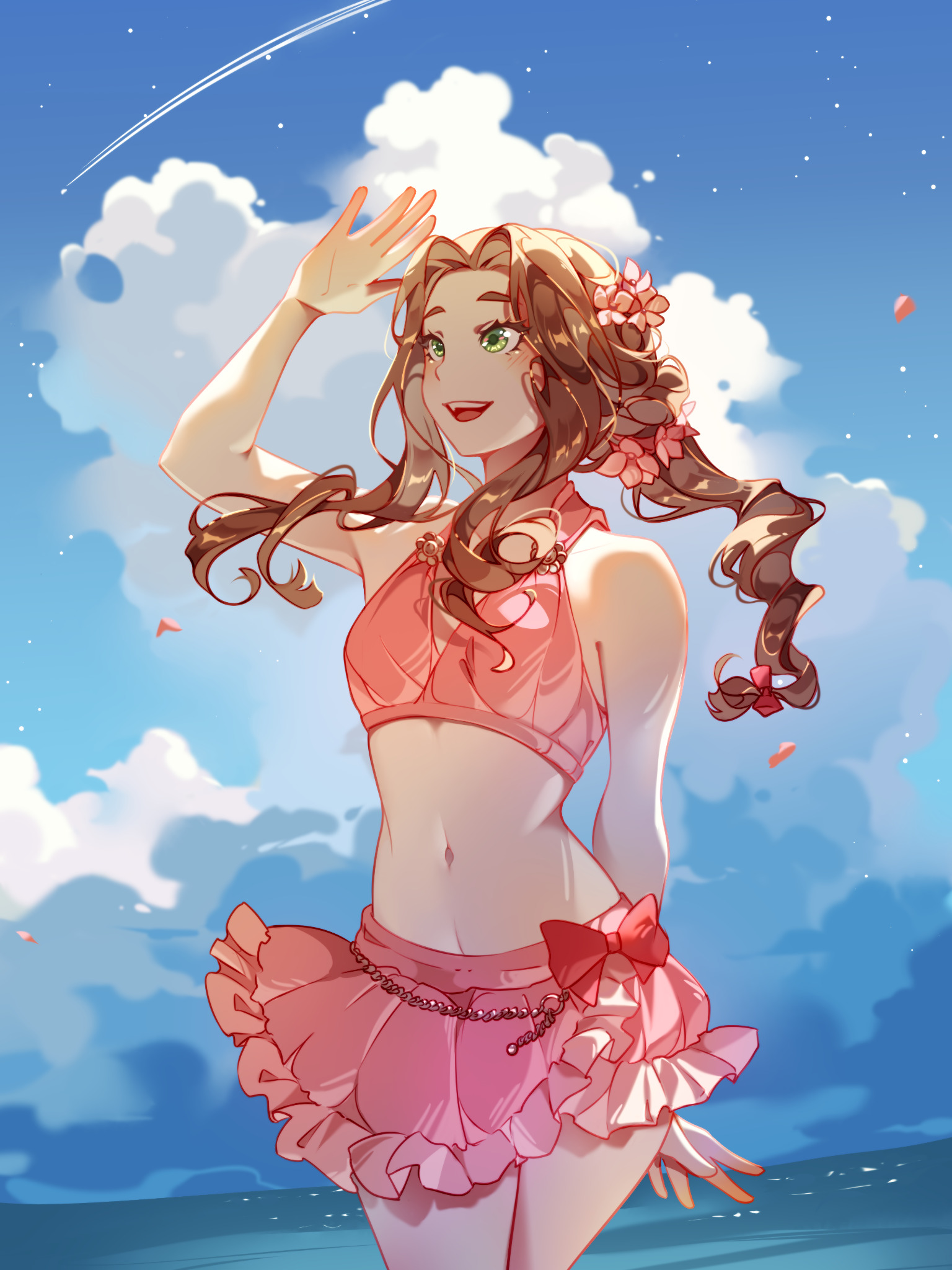 jellyangelart, aerith gainsborough, aerith gainsborough (pink mermaid), final fantasy, final fantasy vii, final fantasy vii rebirth, final fantasy vii remake, commentary, english commentary, highres, 1girl, arm behind back, bikini, bikini skirt, blue sky, bow, breasts, brown hair, cloud, cloudy sky, cowboy shot, falling petals, flower, frilled skirt, frills, green eyes, hair bow, hair flower, hair ornament, hand up, long hair, looking afar, microskirt, navel, official alternate costume, open mouth, petals, pink bikini, pink flower, red bow, skirt, sky, small breasts, smile, solo, stomach, swimsuit, teeth, upper teeth only