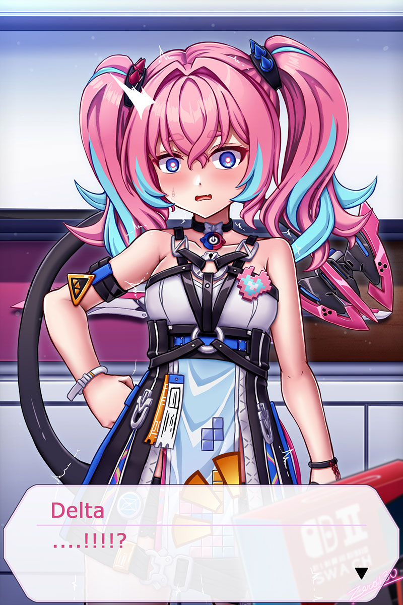zero130rider, delta (honkai impact), rozaliya olenyeva, honkai (series), honkai impact 3rd, highres, 1girl, artist name, blue eyes, blue hair, dress, long hair, looking at viewer, multicolored hair, pink hair, solo, tail, twintails, two-tone hair