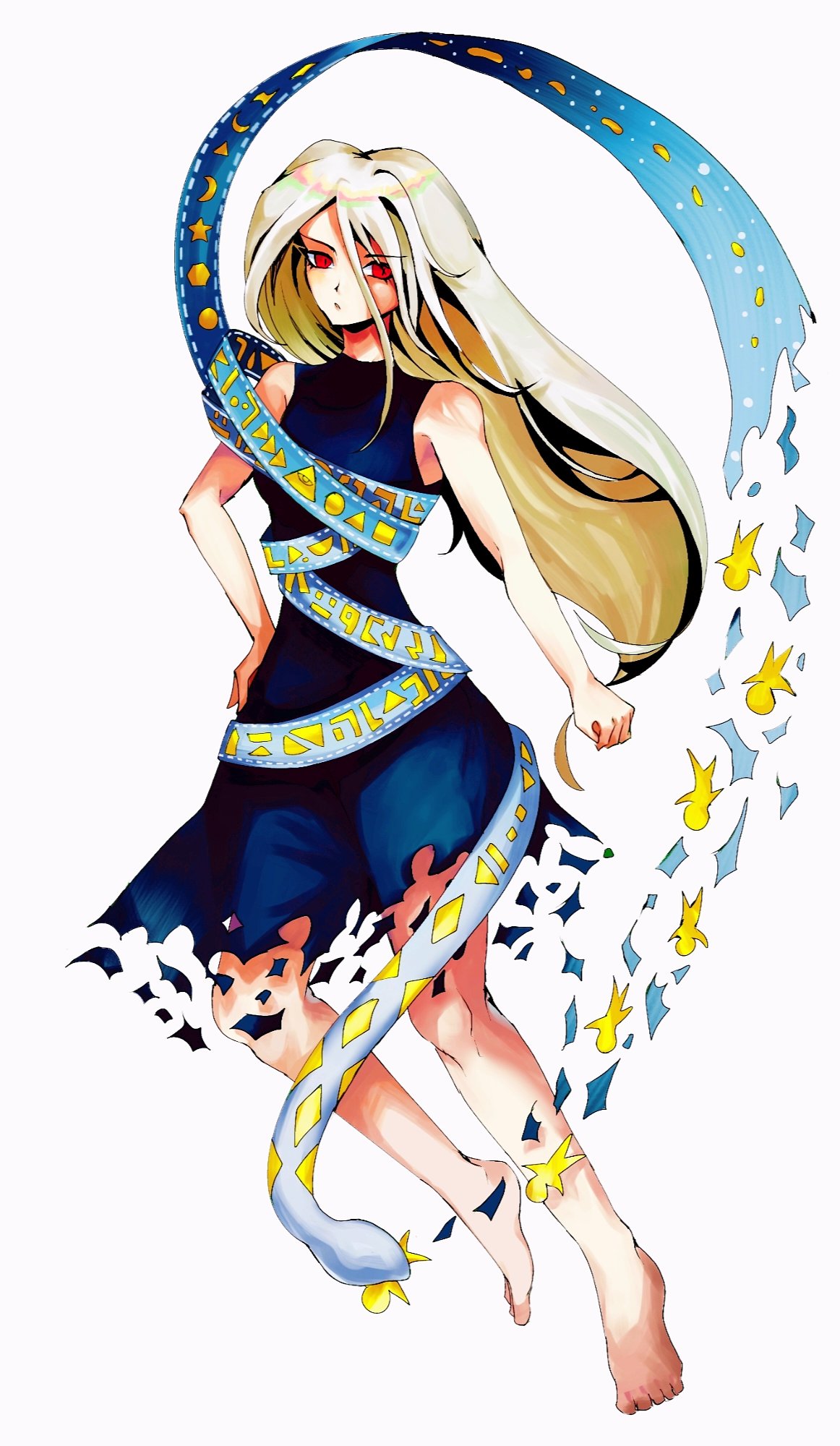 yuiman asama, fossilized wonders, touhou, highres, 1girl, annoyed, bare arms, bare legs, bare shoulders, barefoot, blonde hair, clenched hand, colored inner hair, dress, eyelashes, feet, full body, furrowed brow, hair between eyes, kaninet, light blush, long hair, long hair between eyes, multicolored hair, parted lips, red eyes, short dress, simple background, sleeveless, sleeveless dress, snake, solo, standing, toes, torn clothes, torn dress, two-tone hair, very long hair, white background, white hair