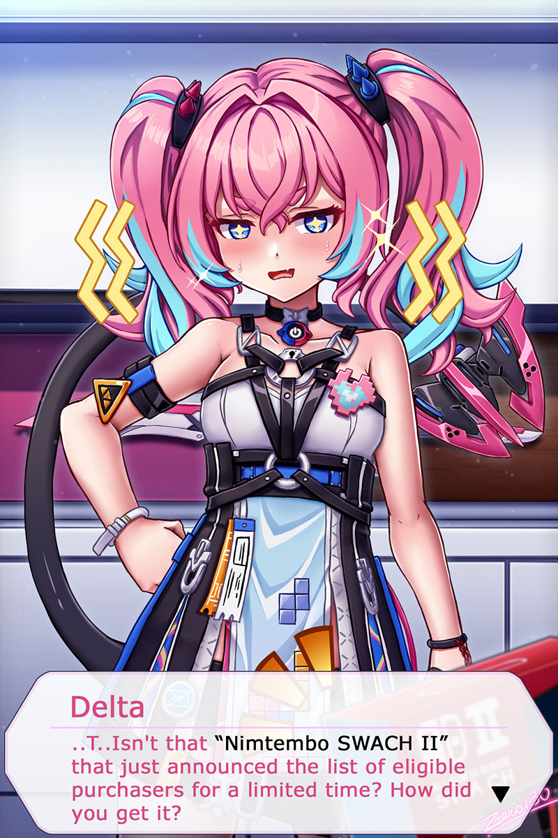 zero130rider, delta (honkai impact), rozaliya olenyeva, honkai (series), honkai impact 3rd, highres, 1girl, artist name, blue eyes, blue hair, dress, long hair, looking at viewer, multicolored hair, pink hair, solo, tail, twintails, two-tone hair