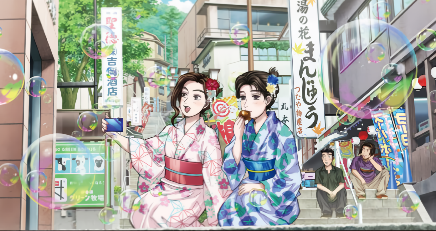nakazato takeshi, satou mako, sayuki (initial d), shouji shingo, initial d, shin gekijouban initial d, official art, 2boys, 2girls, background activity, blush, blushing female, blushing male, breasts, bubble, eating, festival, frills, huge breasts, japanese clothes, kimono, looking at another, looking to the side, lowleg, medium breasts, multiple boys, multiple girls, open mouth, phone, sitting, smile, stairs