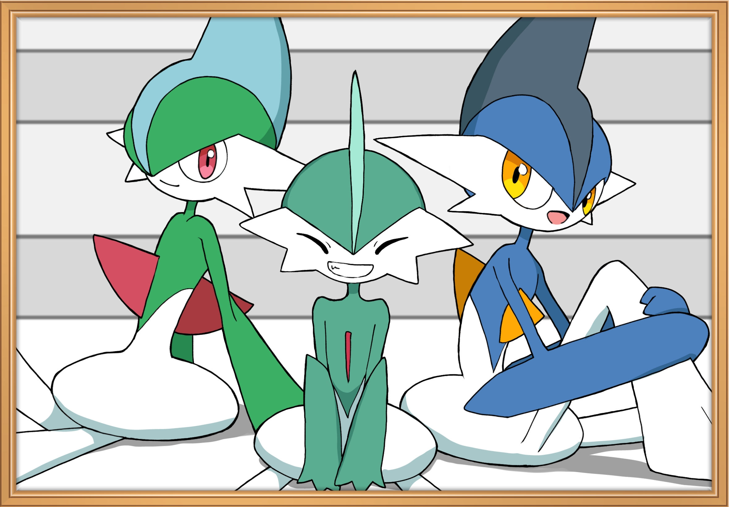 monya, gallade, nintendo, pokemon, 3boys, ^ ^, arm support, black hair, blue hair, blue skin, border, brown border, closed eyes, closed mouth, colored skin, facing viewer, flat color, gen 4 pokemon, green hair, green skin, grey background, grin, happy, hugging own leg, knee up, leaning back, looking at another, looking to the side, male focus, mohawk, multicolored hair, multicolored skin, multiple boys, open mouth, orange eyes, picture frame, pokemon (creature), red eyes, shiny and normal, shiny pokemon, short hair, smile, straight-on, teeth, two-tone hair, two-tone skin, v arms, white skin