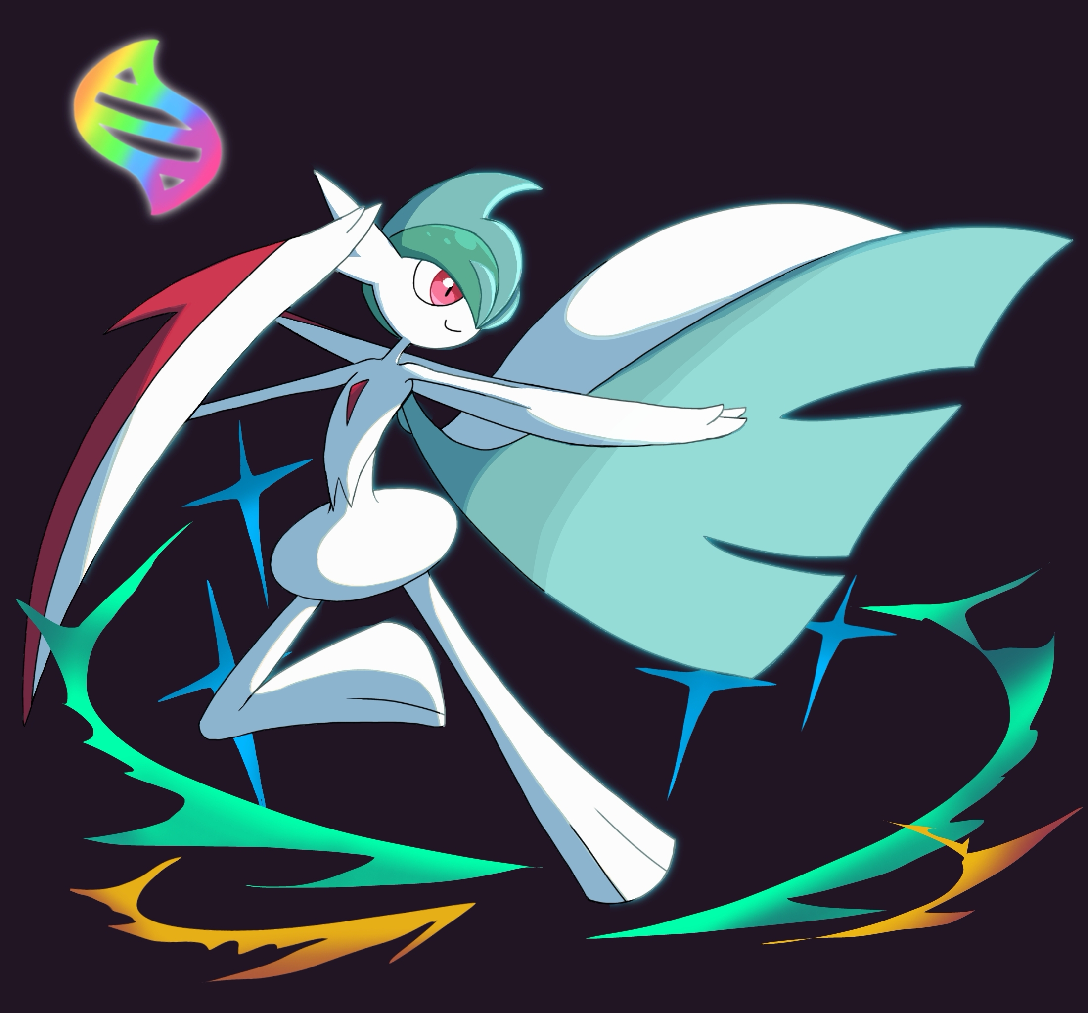 monya, gallade, mega gallade, nintendo, pokemon, 1boy, arm blade, arm up, blue hair, closed mouth, colored skin, full body, gen 4 pokemon, green hair, hair over one eye, hand up, happy, leg up, looking afar, male focus, mega evolution, mega evolution symbol, mega pokemon, mohawk, multicolored hair, one eye covered, outstretched arm, pokemon (creature), purple background, red eyes, short hair, smile, solo, standing, standing on one leg, two-tone hair, weapon, white skin