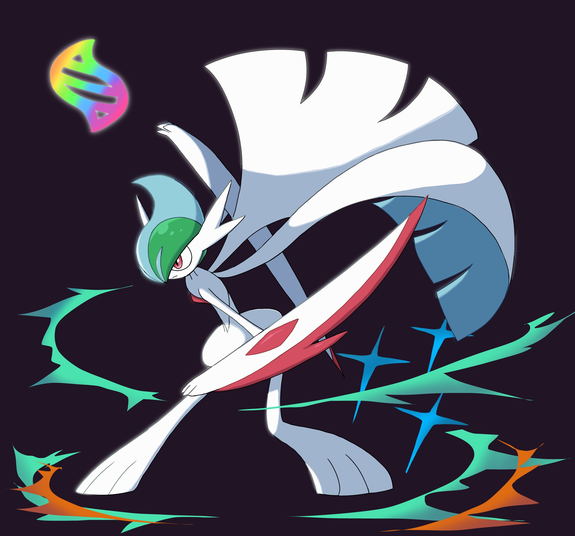 monya, gallade, mega gallade, nintendo, pokemon, 1boy, arm blade, arm up, blue hair, closed mouth, colored skin, fighting stance, full body, gen 4 pokemon, green hair, hair over one eye, leaning forward, legs apart, looking afar, male focus, mega evolution, mega evolution symbol, mega pokemon, mohawk, multicolored hair, one eye covered, pokemon (creature), purple background, red eyes, serious, short hair, solo, two-tone hair, weapon, white skin