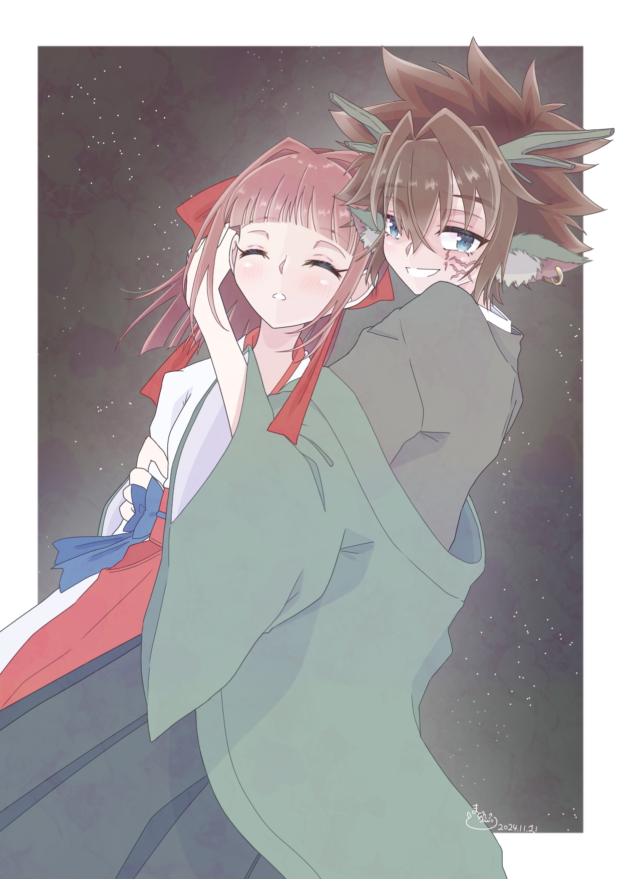 hinomoto akari, kudou taiki, digimon, 1boy, 1girl, closed eyes, earrings, japanese clothes, jewelry, looking at viewer, miko, pixiv user (13505400), ribbon, smile