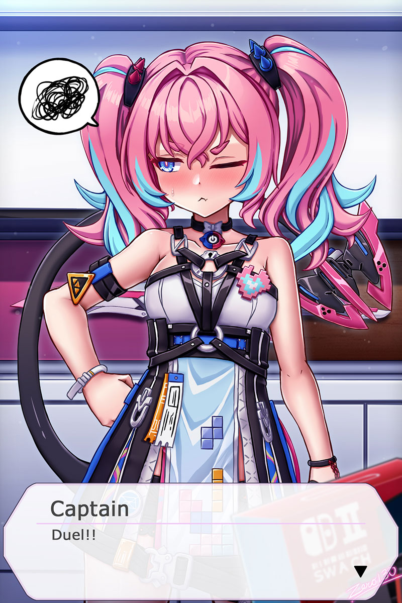 zero130rider, delta (honkai impact), rozaliya olenyeva, honkai (series), honkai impact 3rd, highres, 1girl, artist name, blue eyes, blue hair, dress, long hair, looking at viewer, multicolored hair, one eye closed, pink hair, solo, spoken squiggle, squiggle, tail, twintails, two-tone hair
