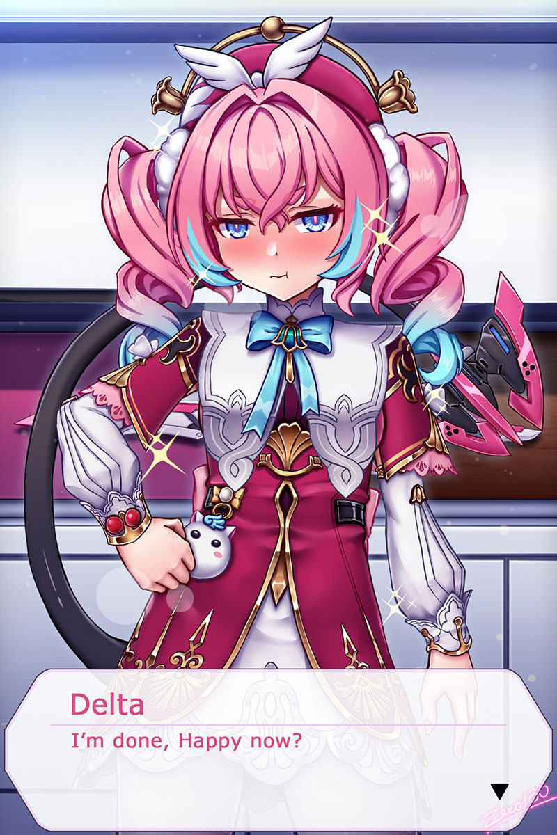 zero130rider, delta (honkai impact), hyacine (honkai: star rail), rozaliya olenyeva, honkai: star rail, honkai (series), honkai impact 3rd, highres, 1girl, artist name, blue eyes, blue hair, cosplay, dress, hyacine (honkai: star rail) (cosplay), long hair, looking at viewer, multicolored hair, pink hair, solo, tail, twintails, two-tone hair