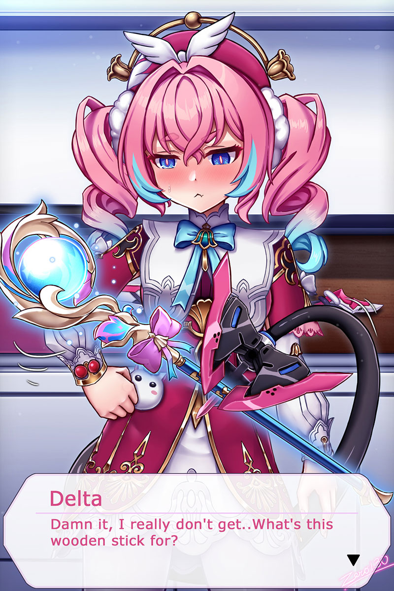 zero130rider, delta (honkai impact), hyacine (honkai: star rail), rozaliya olenyeva, honkai: star rail, honkai (series), honkai impact 3rd, highres, 1girl, artist name, blue eyes, blue hair, cosplay, dress, holding, holding wand, hyacine (honkai: star rail) (cosplay), long hair, looking at viewer, multicolored hair, pink hair, solo, tail, twintails, two-tone hair, wand