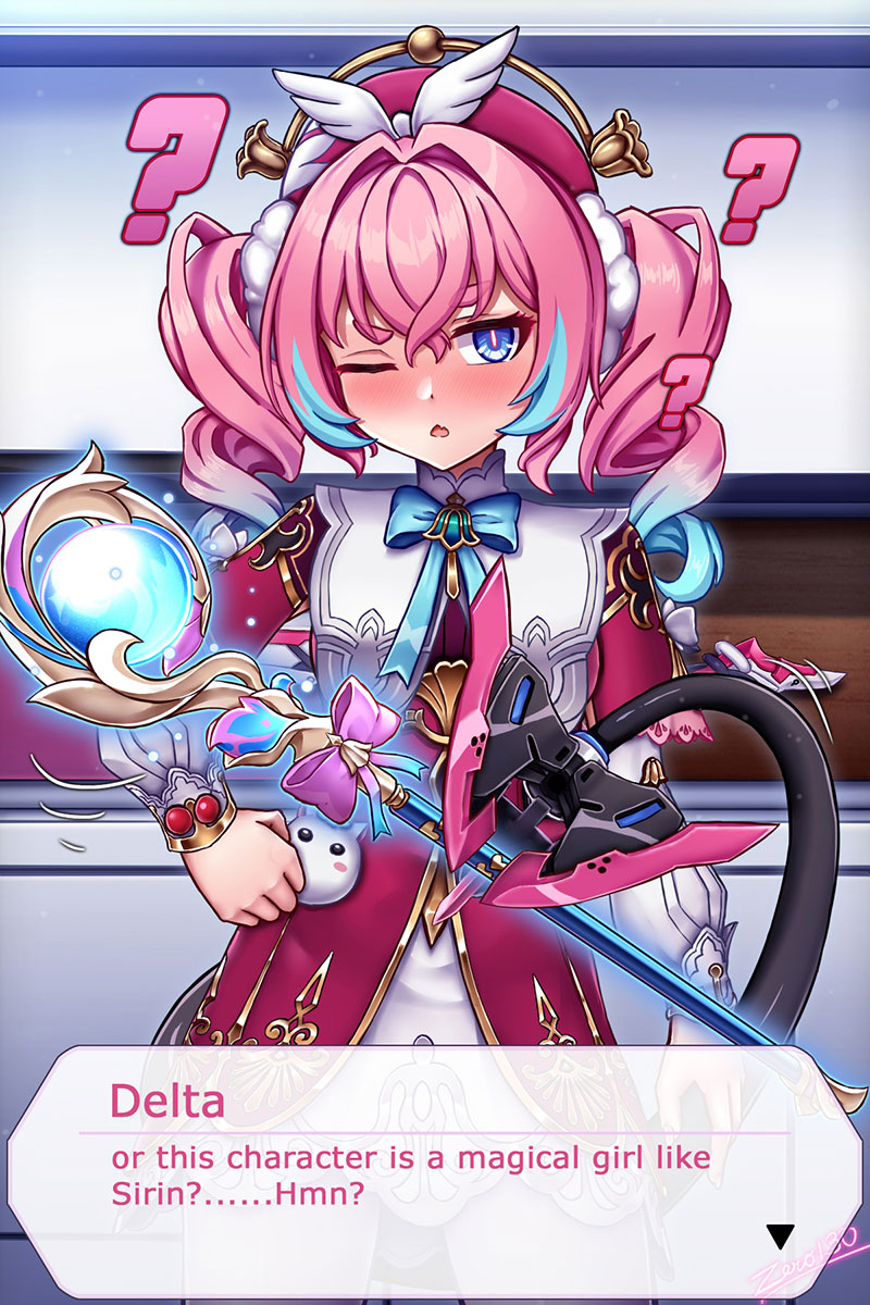 zero130rider, delta (honkai impact), hyacine (honkai: star rail), rozaliya olenyeva, honkai: star rail, honkai (series), honkai impact 3rd, highres, 1girl, ?, artist name, blue eyes, blue hair, cosplay, dress, holding, holding wand, hyacine (honkai: star rail) (cosplay), long hair, looking at viewer, multicolored hair, one eye closed, pink hair, solo, tail, twintails, two-tone hair, wand