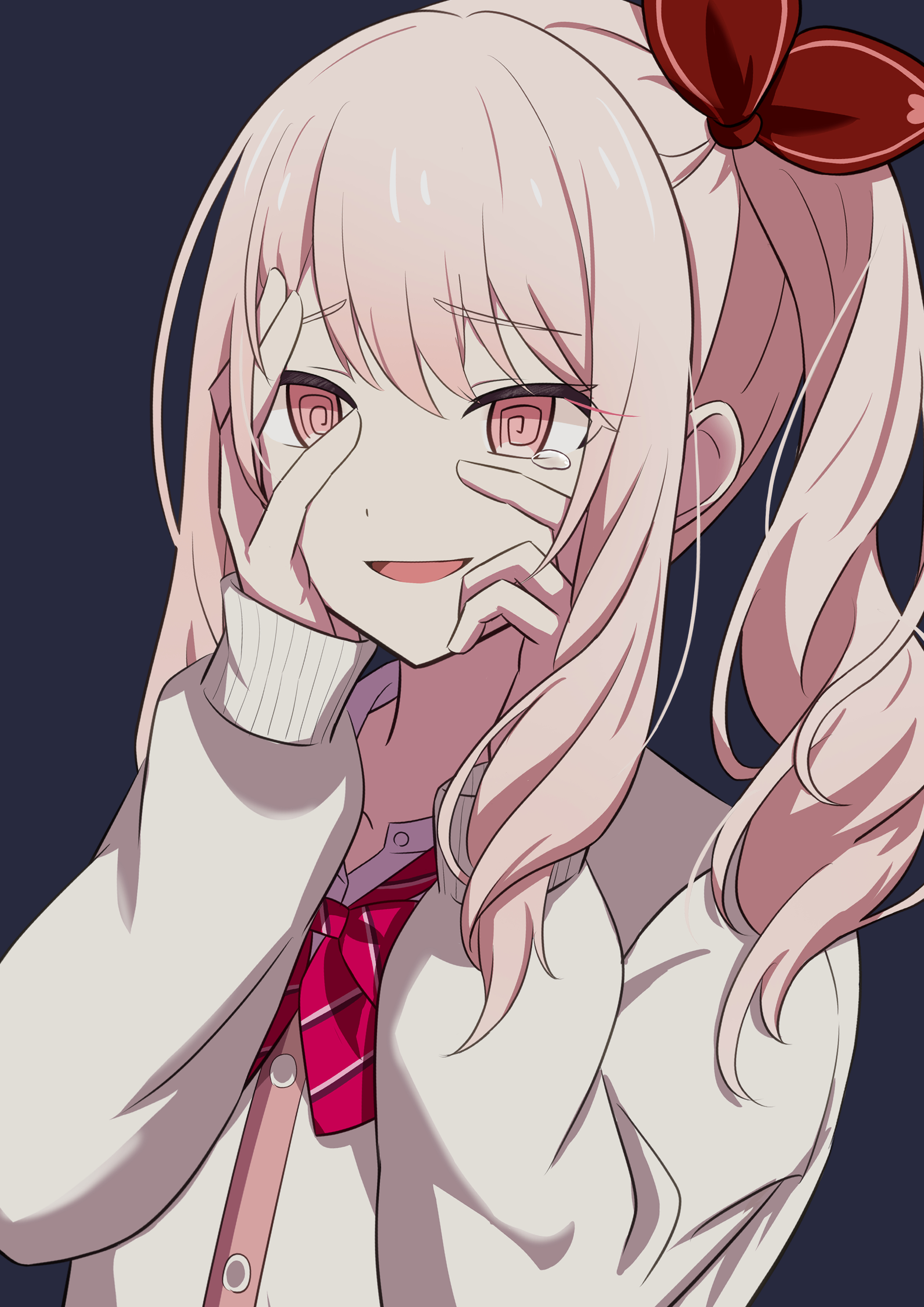 mizushirokuro, akiyama mizuki, project sekai, absurdres, commentary request, highres, 1other, :d, @ @, anime coloring, black background, bow, bowtie, buttons, cardigan, collared shirt, diagonal-striped bow, diagonal-striped bowtie, diagonal-striped clothes, drill hair, grey cardigan, hair between eyes, hair bow, hands on own cheeks, hands on own face, hands up, high side ponytail, kamiyama high school uniform (project sekai), long sleeves, looking ahead, medium hair, open mouth, other focus, pink eyes, pink hair, puffy long sleeves, puffy sleeves, raised inner eyebrows, red bow, red bowtie, school uniform, shirt, side drill, sidelocks, simple background, sleeves past wrists, smile, solo, striped bow, striped bowtie, striped clothes, swept bangs, tearing up, tongue, white shirt