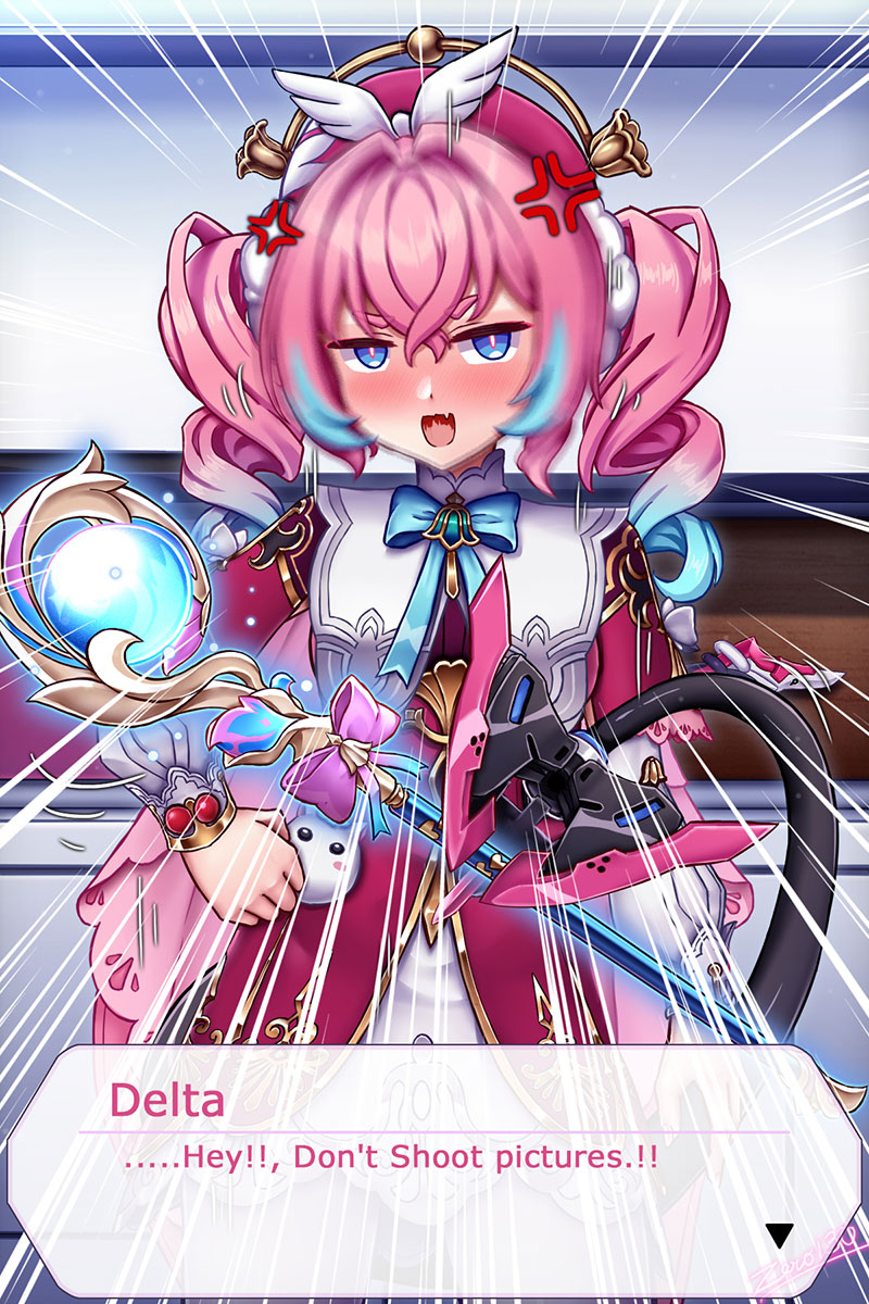 zero130rider, delta (honkai impact), hyacine (honkai: star rail), rozaliya olenyeva, honkai: star rail, honkai (series), honkai impact 3rd, highres, 1girl, anger vein, angry, artist name, blue eyes, blue hair, cosplay, dress, holding, holding wand, hyacine (honkai: star rail) (cosplay), long hair, looking at viewer, multicolored hair, pink hair, solo, tail, twintails, two-tone hair, wand