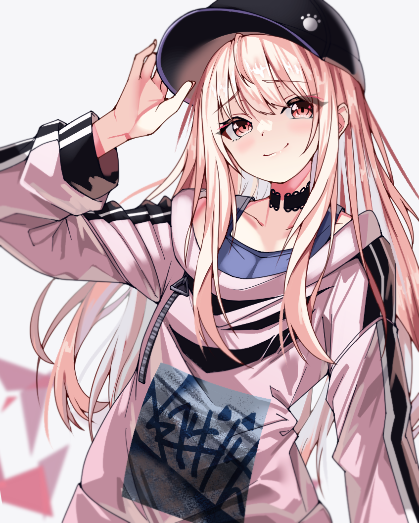 mellow kaede, akiyama mizuki, project sekai, commentary request, 1other, adjusting clothes, adjusting headwear, arm up, bare shoulders, baseball cap, black choker, black hat, blue tank top, bokutachi no seizon tousou (project sekai), choker, closed mouth, collarbone, double vertical stripe, fingernails, grey background, hair between eyes, hat, jacket, lace-trimmed choker, lace trim, long hair, long sleeves, looking at viewer, off-shoulder jacket, off shoulder, official alternate costume, official alternate hairstyle, other focus, pink eyes, pink hair, pink jacket, puffy long sleeves, puffy sleeves, raised inner eyebrows, sidelocks, simple background, smile, solo, straight hair, swept bangs, tank top, triangle, upper body, zipper
