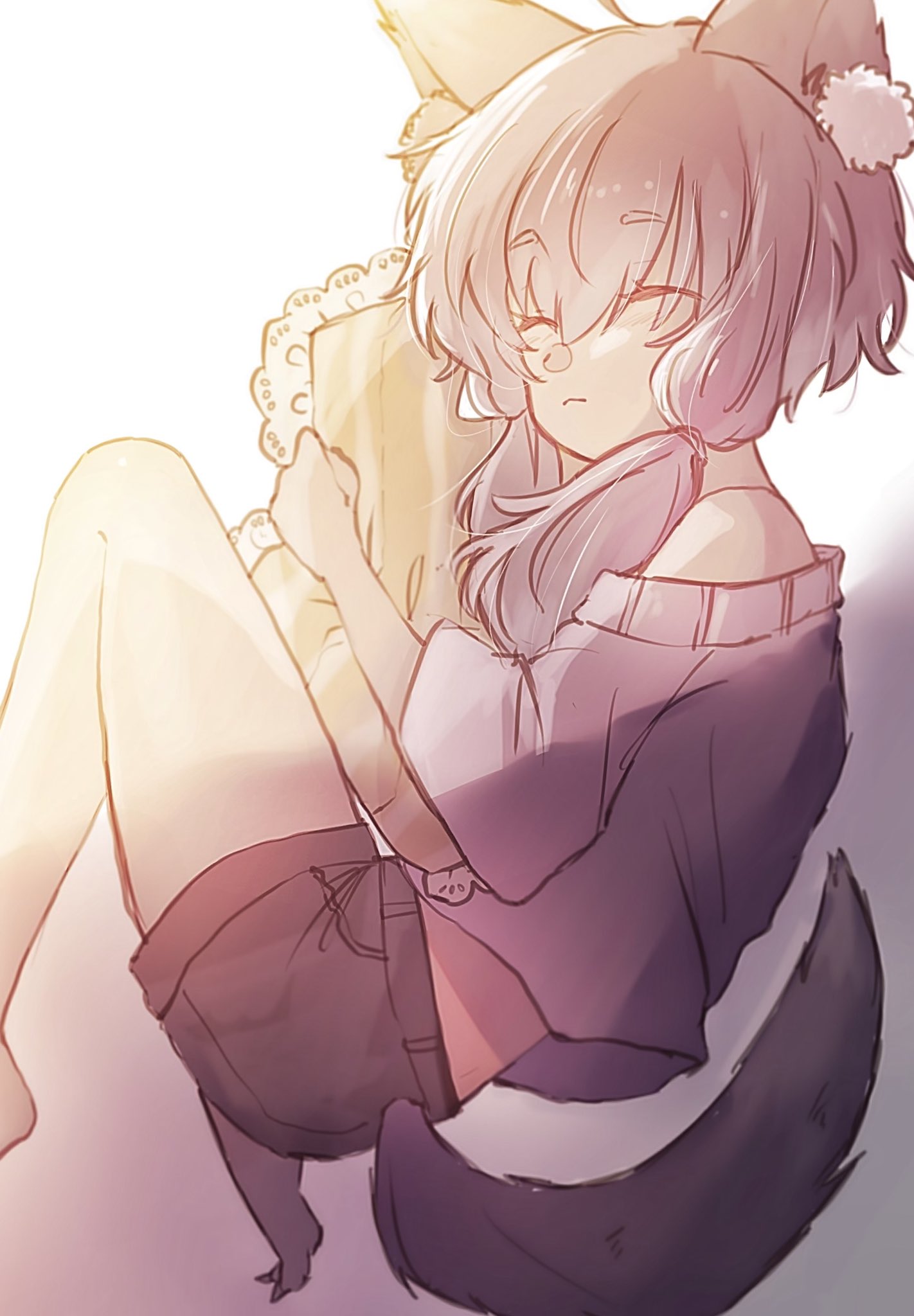 imamiya pinoko, yuzuki yukari, voiceroid, highres, 1girl, animal ears, closed eyes, dog ears, dog girl, dog tail, hugging object, lying, on side, pillow, pillow hug, purple hair, short hair with long locks, short shorts, shorts, sleeping, solo, tail