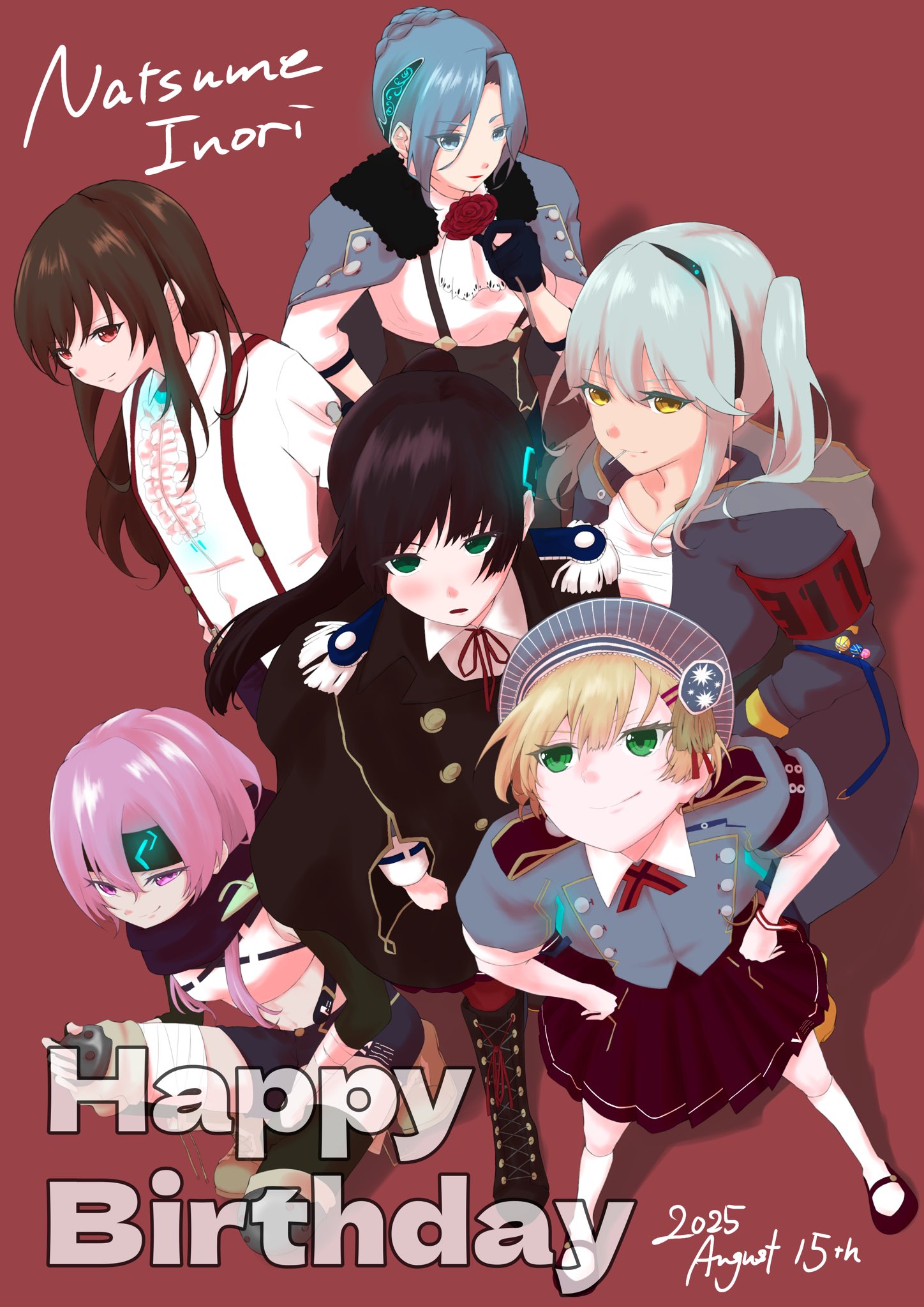 nan illust1139, hanamura shiki, kurozawa maki, maruyama kanata, matsuoka chiroru, natsume inori, yanagi mion, heaven burns red, highres, black gloves, black hair, blonde hair, blue eyes, blue hair, blunt bangs, candy, food, gloves, green eyes, green hair, hat, jacket, jacket on shoulders, lollipop, long hair, multiple girls, neck ribbon, parted bangs, pink hair, ponytail, red eyes, ribbon, sarashi, scarf, shirt, short hair, shorts, sidelocks, suspenders, team 31f (heaven burns red), twintails, white shirt, yellow eyes