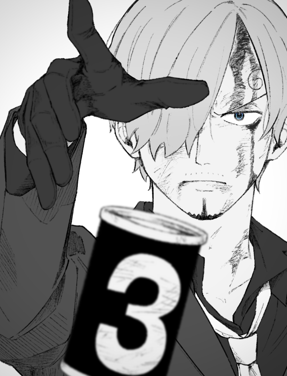 iqracha, sanji (one piece), one piece, highres, 1boy, blood, blood on face, blue eyes, closed mouth, collared shirt, curly eyebrows, facial hair, foreshortening, goatee, greyscale, looking at viewer, male focus, monochrome, mustache stubble, necktie, shirt, simple background, solo, spot color, stubble, upper body