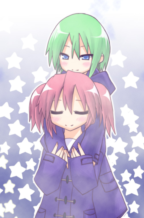hane (hanegoya), iwasaki minami, kobayakawa yutaka, lucky star, 00s, 2girls, blue eyes, blush, green hair, hug, multiple girls, pink hair, smile, yuri