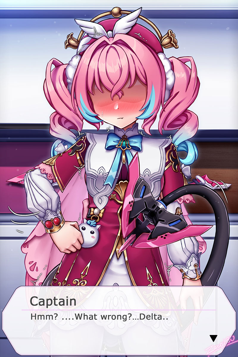 zero130rider, delta (honkai impact), hyacine (honkai: star rail), rozaliya olenyeva, honkai: star rail, honkai (series), honkai impact 3rd, highres, 1girl, artist name, blue eyes, blue hair, cosplay, dress, holding, holding wand, hyacine (honkai: star rail) (cosplay), long hair, looking at viewer, multicolored hair, pink hair, solo, tail, twintails, two-tone hair, wand