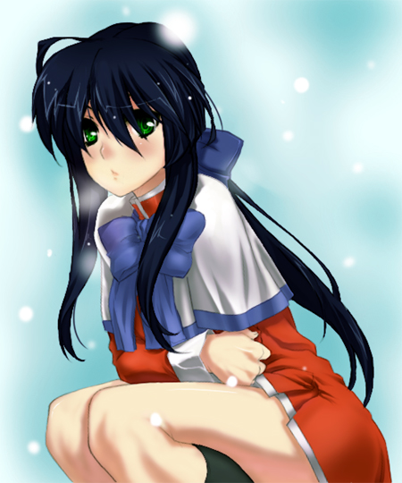 kirisato itsuki, kawasumi mai, kanon, 1girl, bare legs, black hair, black socks, blue bow, blue bowtie, bow, bowtie, capelet, cold, dress, female focus, green eyes, kneehighs, long sleeves, looking at viewer, red dress, red skirt, skirt, snow, socks, solo, squatting