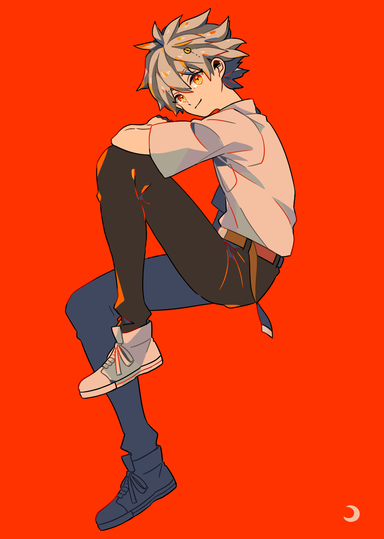 mizuki tsukimori, nagisa kaworu, neon genesis evangelion, highres, 1boy, belt, black pants, brown belt, closed mouth, from side, full body, grey hair, knee up, looking at viewer, male focus, orange background, orange eyes, pants, shoes, short hair, simple background, solo, white hair, white shoes