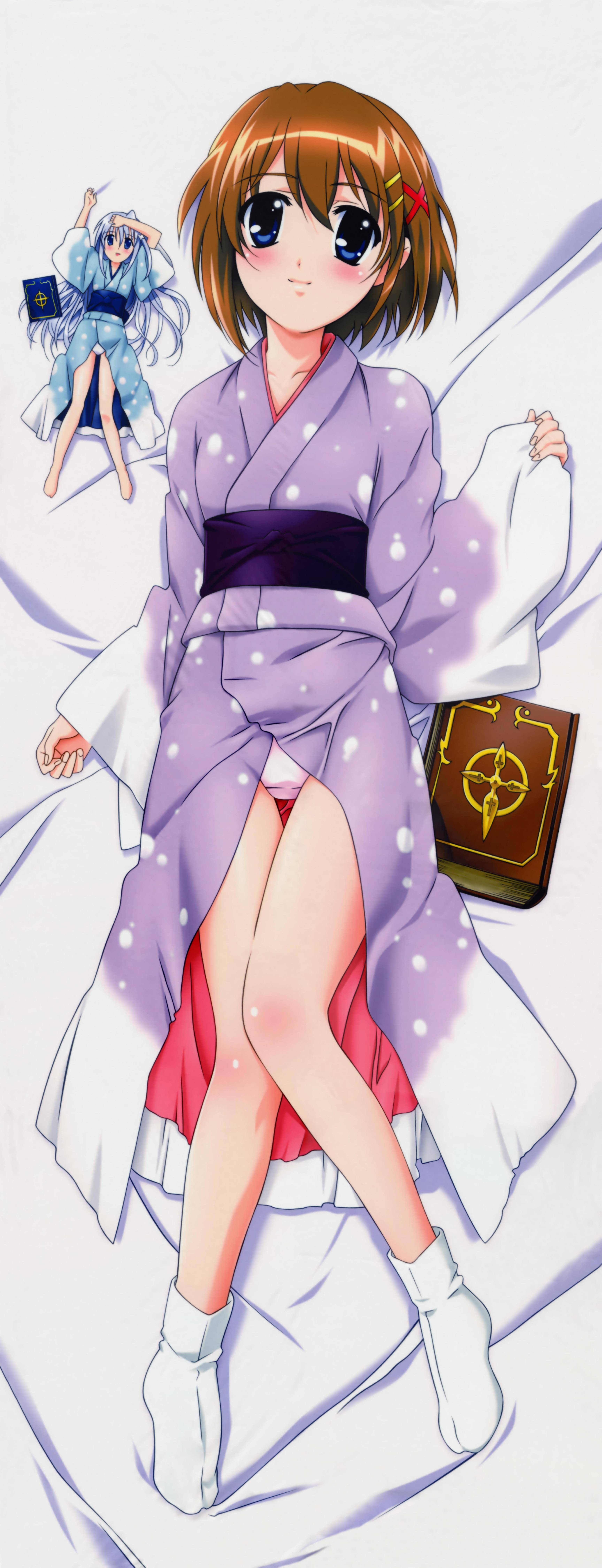 book of the azure sky, reinforce zwei, tome of the night sky, yagami hayate, lyrical nanoha, mahou shoujo lyrical nanoha, mahou shoujo lyrical nanoha a's, absurdres, artist request, highres, long image, official art, tall image, 00s, 2girls, bed, blue eyes, blue hair, blush, brown hair, dakimakura (medium), feet, full body, hair ornament, japanese clothes, kimono, legs folded, long hair, mini person, minigirl, multiple girls, panties, short hair, tabi, underwear, x hair ornament