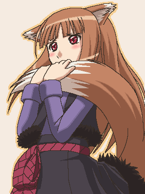 awa, holo, spice and wolf, lowres, 00s, 1girl, animal ears, brown hair, female focus, jaggy lines, oekaki, red eyes, solo, tail, wolf ears, wolf tail