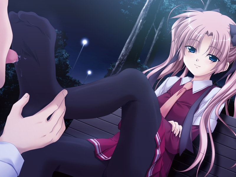 takano hina, nurse no obenkyou, game cg, 1boy, 1girl, bench, blue eyes, feet, foot worship, licking, licking foot, necktie, no shoes, pantyhose, pink hair, school uniform, skirt, solo focus, thighhighs, twintails