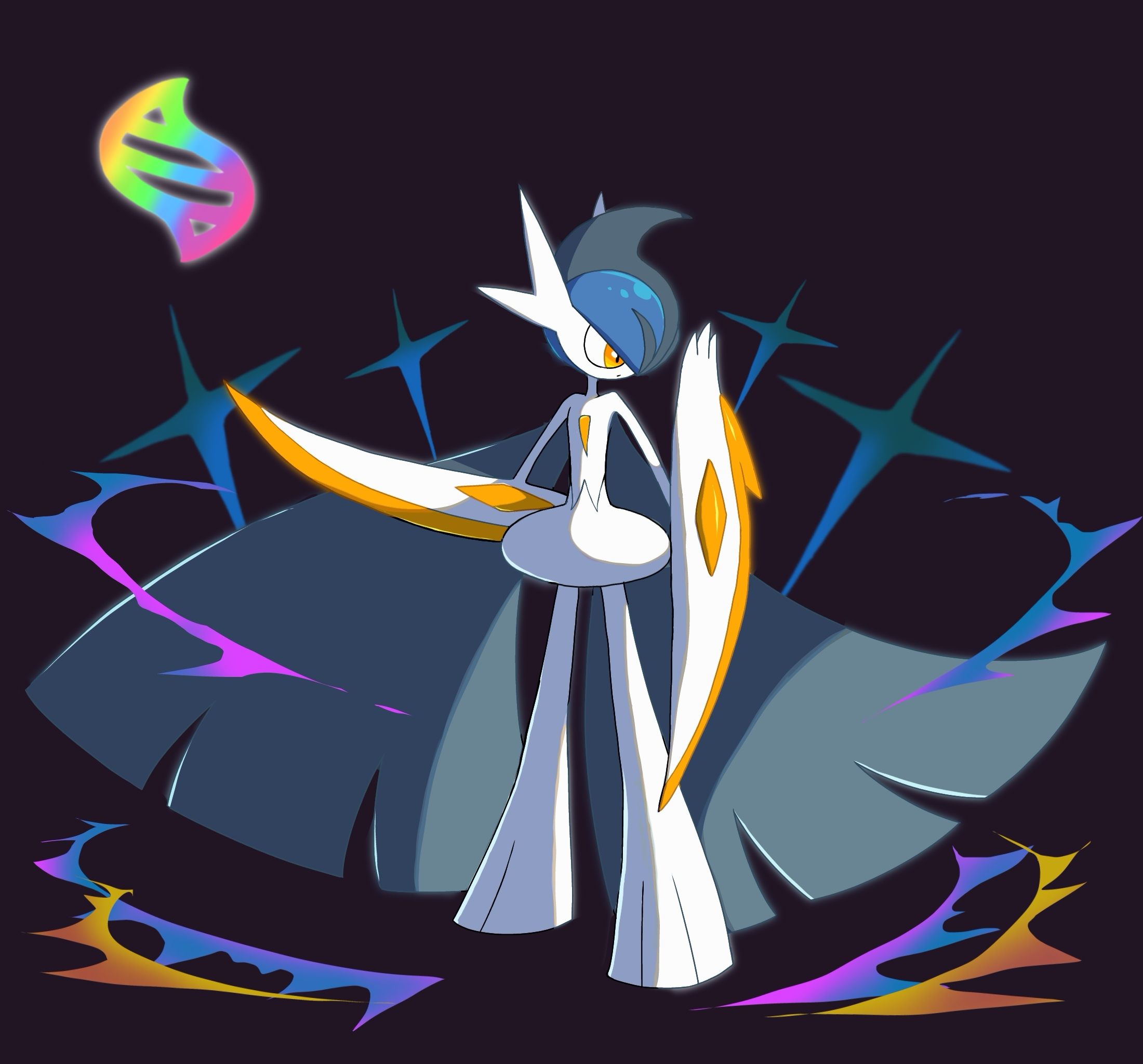 monya, gallade, mega gallade, nintendo, pokemon, 1boy, alternate color, arm behind back, arm blade, black hair, blue hair, closed mouth, colored skin, dot mouth, full body, gen 4 pokemon, hair over one eye, hand up, looking to the side, male focus, mega evolution, mega evolution symbol, mega pokemon, mohawk, multicolored hair, one eye covered, orange eyes, pokemon (creature), purple background, shiny pokemon, short hair, solo, standing, two-tone hair, weapon, white skin