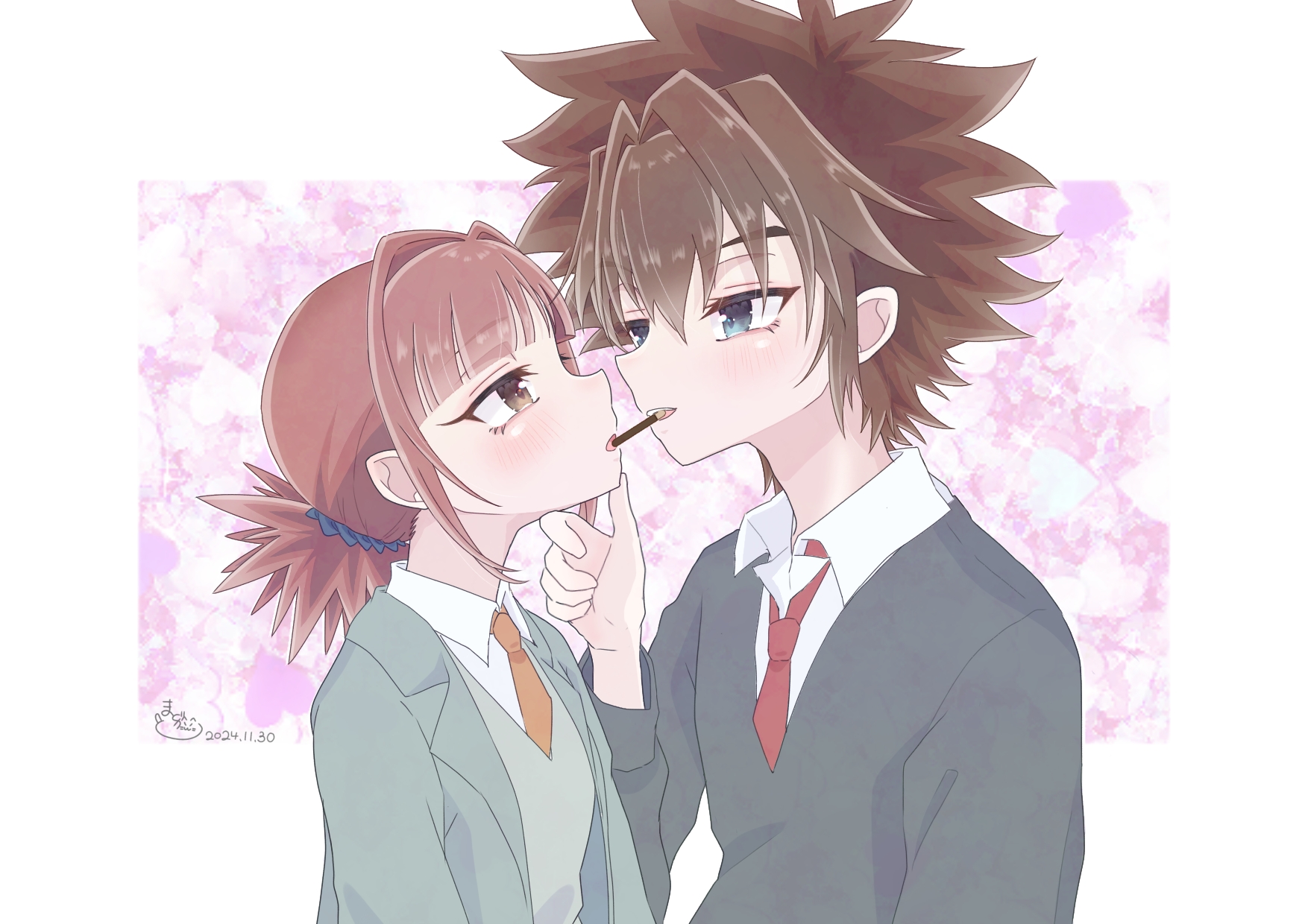 hinomoto akari, kudou taiki, digimon, digimon xros wars, digimon xros wars: toki wo kakeru shounen hunter-tachi, food, hair ornament, hairclip, imminent kiss, long hair, orange eyes, pixiv user (13505400), pocky, pocky kiss, red hair, shared food, twintails