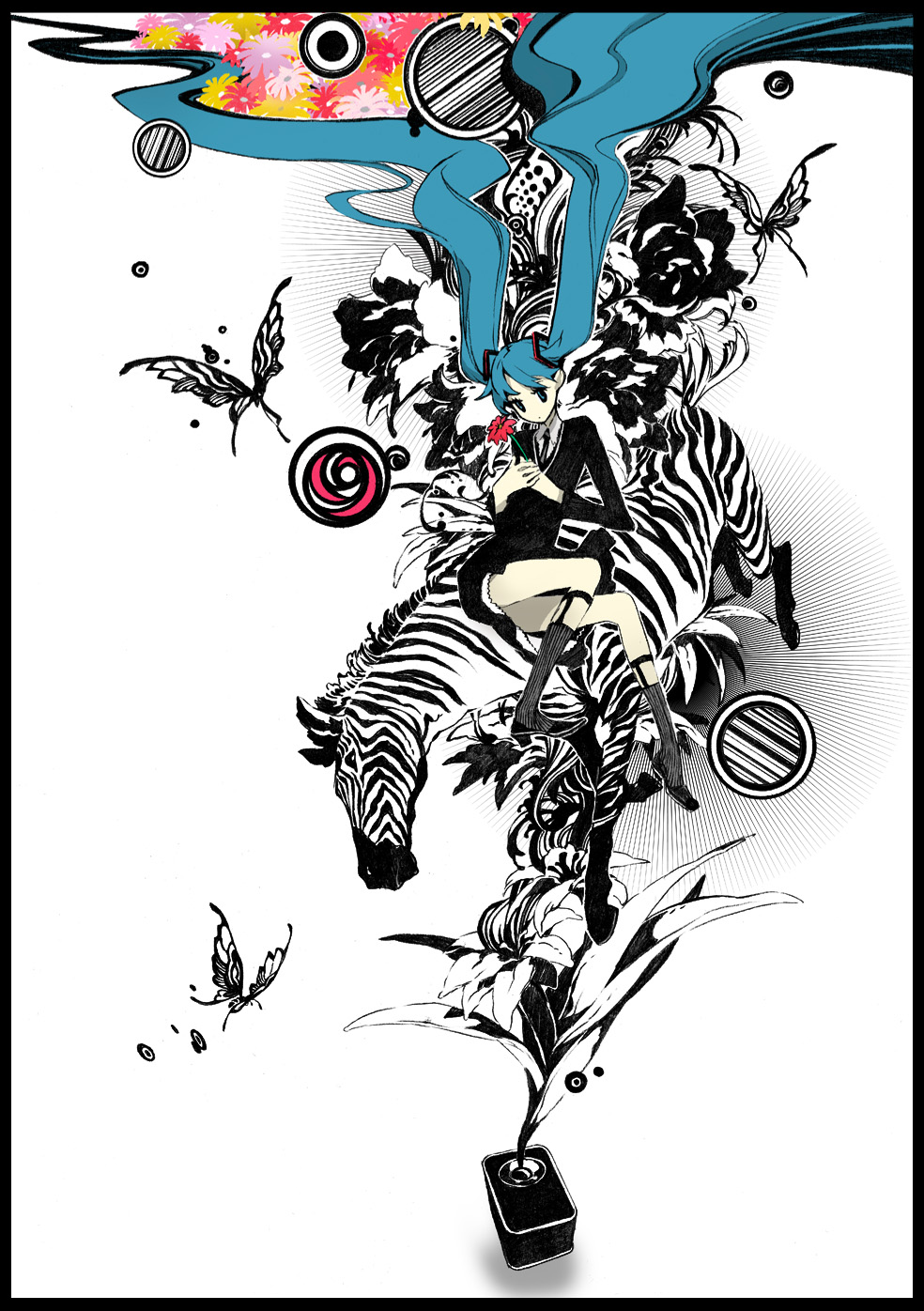 miwa shirow, hatsune miku, hatsune miku (saihate), saihate (vocaloid), vocaloid, highres, bug, butterfly, insect, legs, solo, speaker, twintails, zebra