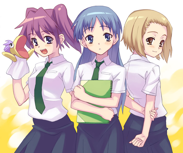 oryo (oryo04), asou natsumi, kajiwara sora, torikai hazuki, sketchbook full colors, 00s, 3girls, blouse, multiple girls, puppet, shirt, sketchbook, white shirt