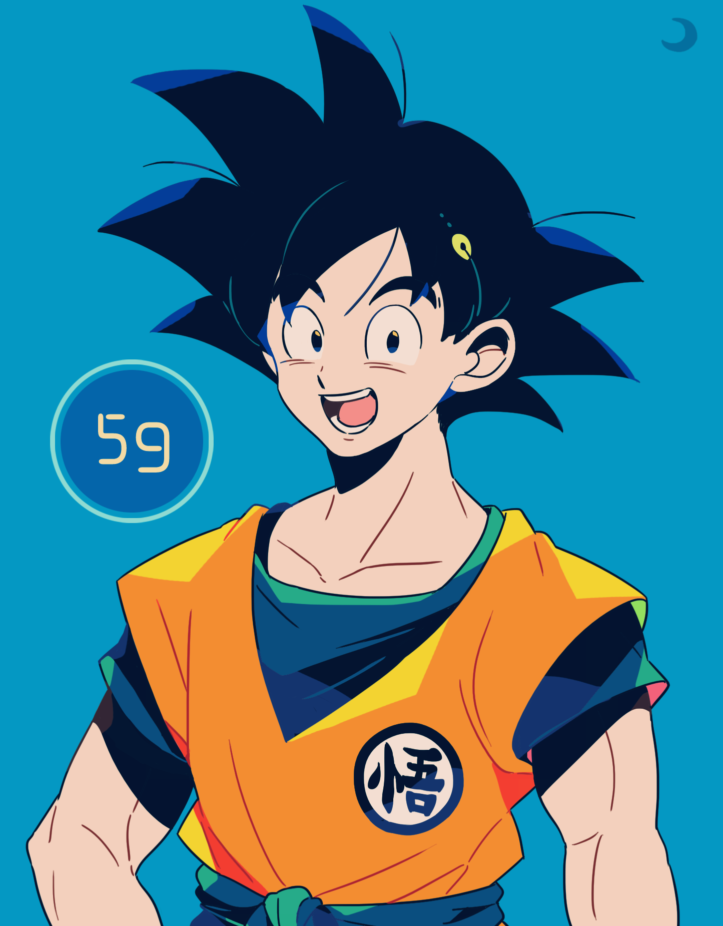 mizuki tsukimori, son goku, dragon ball, highres, 1boy, black eyes, black hair, blue background, dougi, looking at viewer, male focus, open mouth, orange dougi, short hair, short sleeves, simple background, solo, spiked hair, upper body