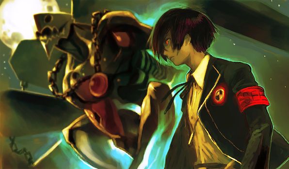 okojo, p (artist), thanatos (persona), yuuki makoto (persona 3), atlus, persona, persona 3, sega, bad id, bad pixiv id, 1boy, armband, digital media player, digital walkman, male focus, red eyes, school uniform, serafuku, short hair, walkman nw-s203f