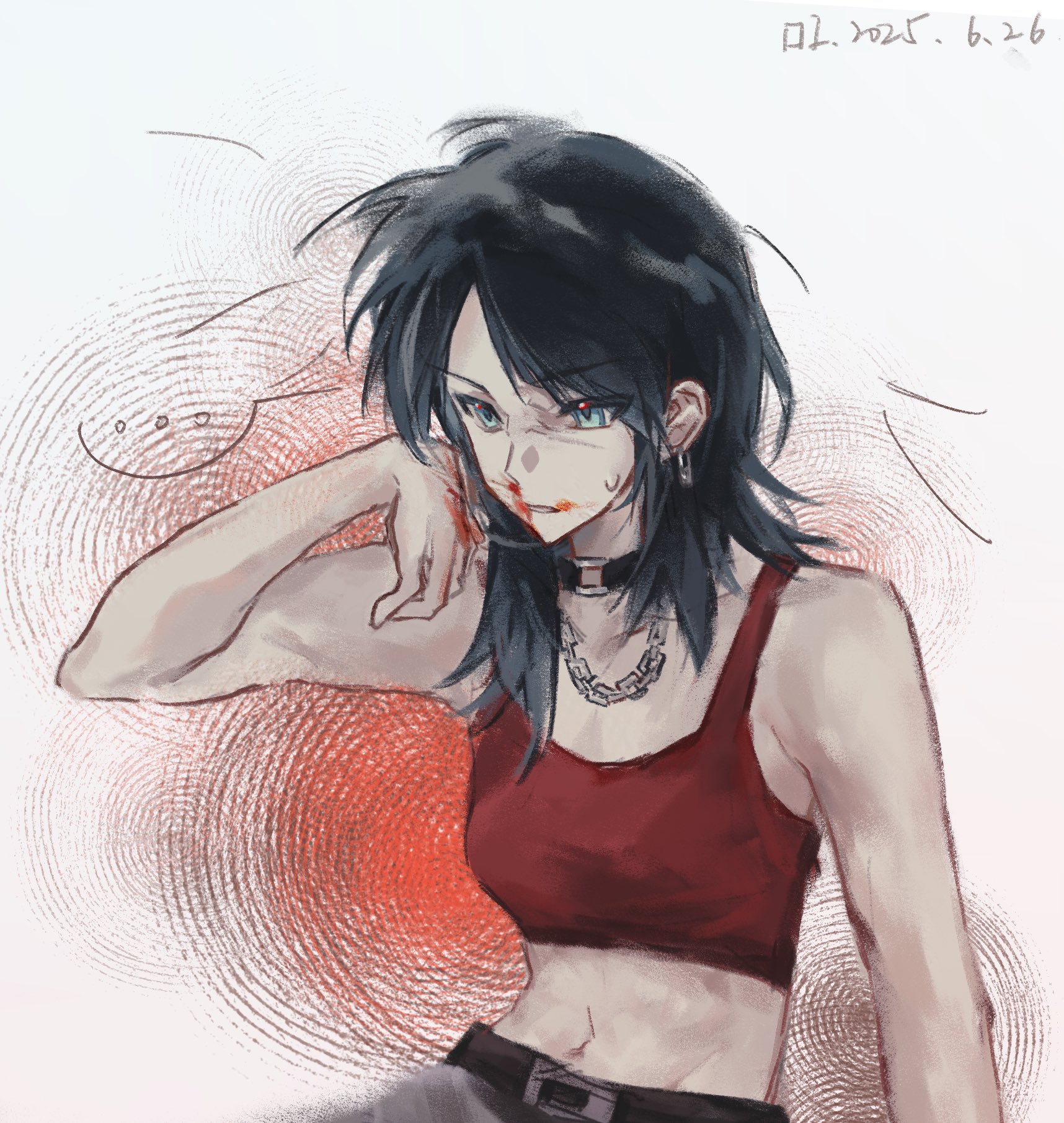 yahata umiri, bang dream!, bang dream! it's mygo!!!!!, commentary, hashtag-only commentary, highres, 01apathy, 1girl, black choker, black hair, blood, blood on face, choker, crop top, dated, long hair, navel, red tank top, solo, stomach, tank top
