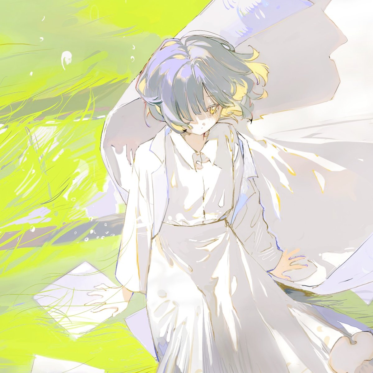 yinyong yu, original, highres, 1girl, blazer, blonde hair, blunt bangs, bright pupils, coat, collared jacket, collared shirt, colored inner hair, cowboy shot, floating clothes, floating hair, grey hair, hair over one eye, high-waist skirt, jacket, lab coat, lapels, long skirt, looking ahead, multicolored hair, notched lapels, on grass, open clothes, open jacket, parted lips, pleated skirt, shirt, sitting, skirt, solo, two-tone hair, unworn coat, white jacket, white pupils, white shirt, white skirt, wind, yellow eyes