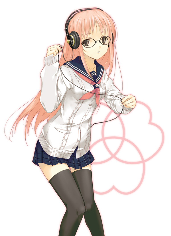 dasoku sentarou, original, glasses, headphones, school uniform, serafuku, solo, thighhighs, zettai ryouiki